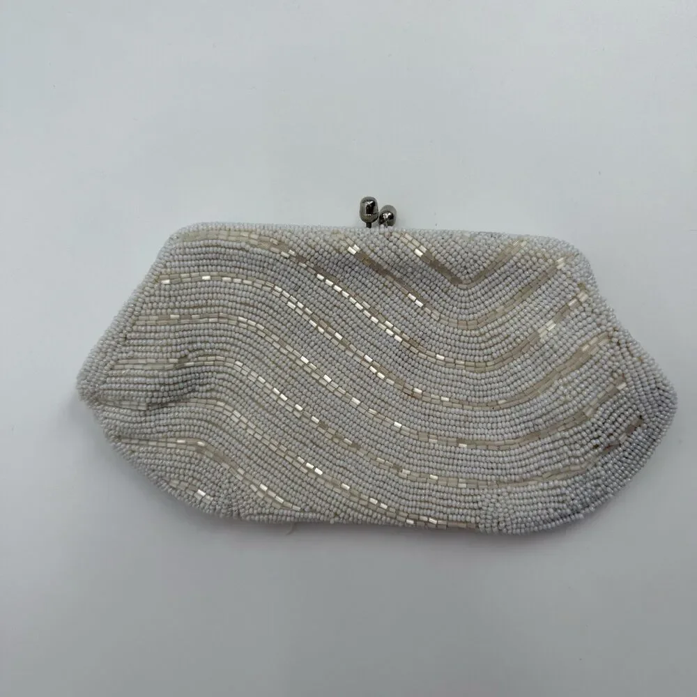 Vintage Unbranded Ivory Beaded Silver Clutch Evening Bag Small Dainty Bridal